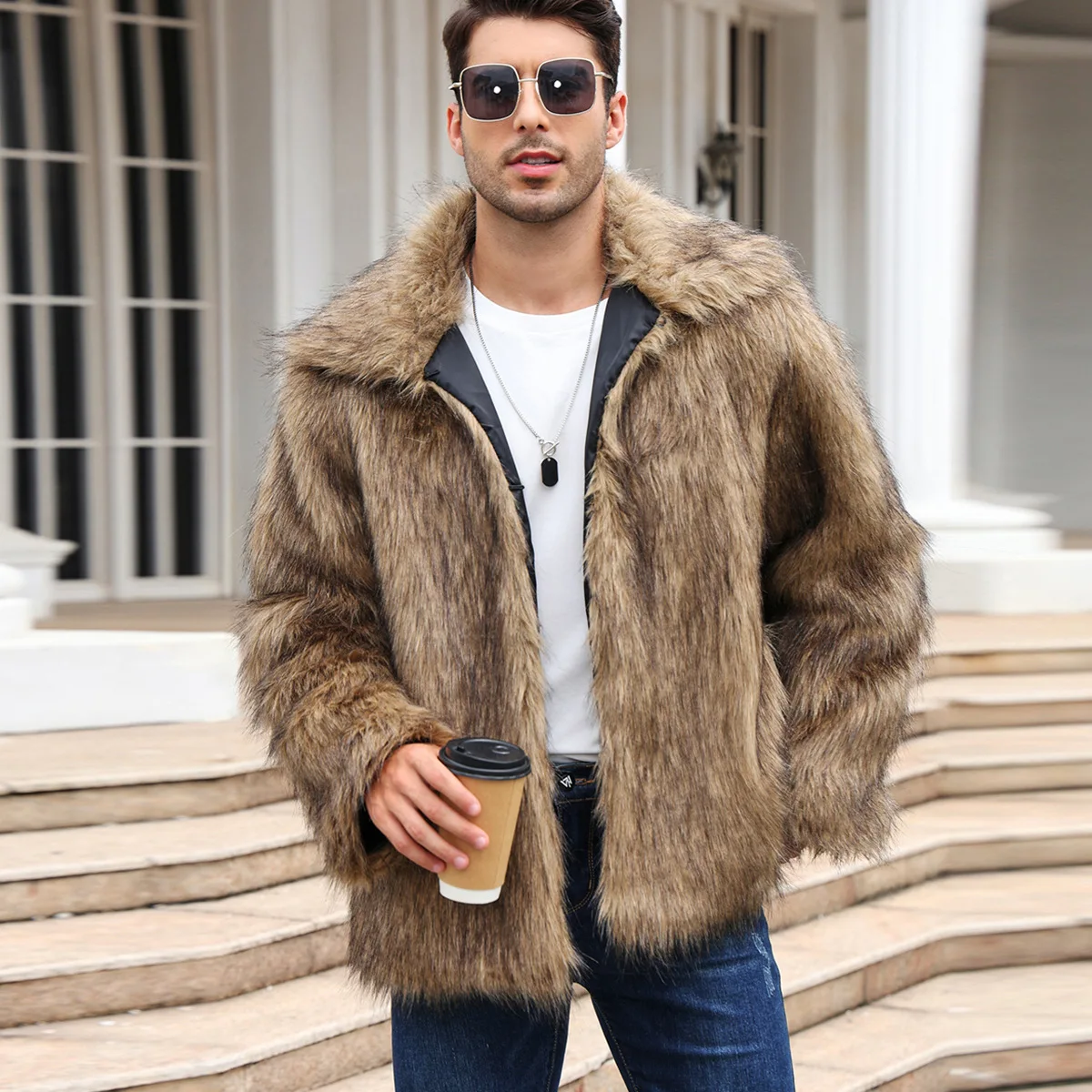 Winter Clothing Cute - Men Faux Fox Fur Jacket Coat