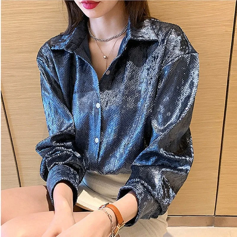 Women's Shiny Button Shirt Spr - Winter Clothing Korean のレビューと価格