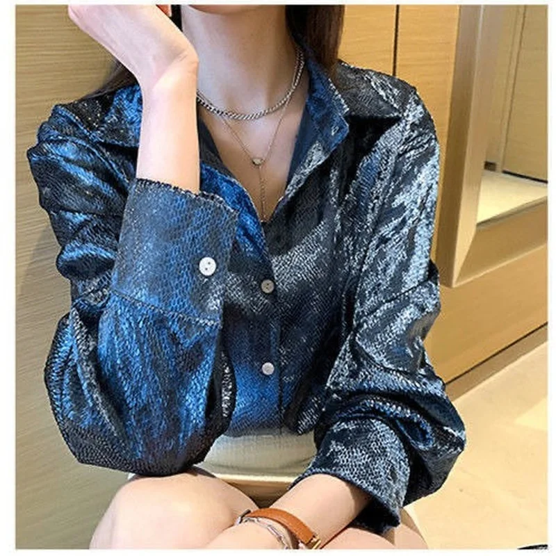 Women's Shiny Button Shirt Spr - Winter Clothing Korean のレビューと価格
