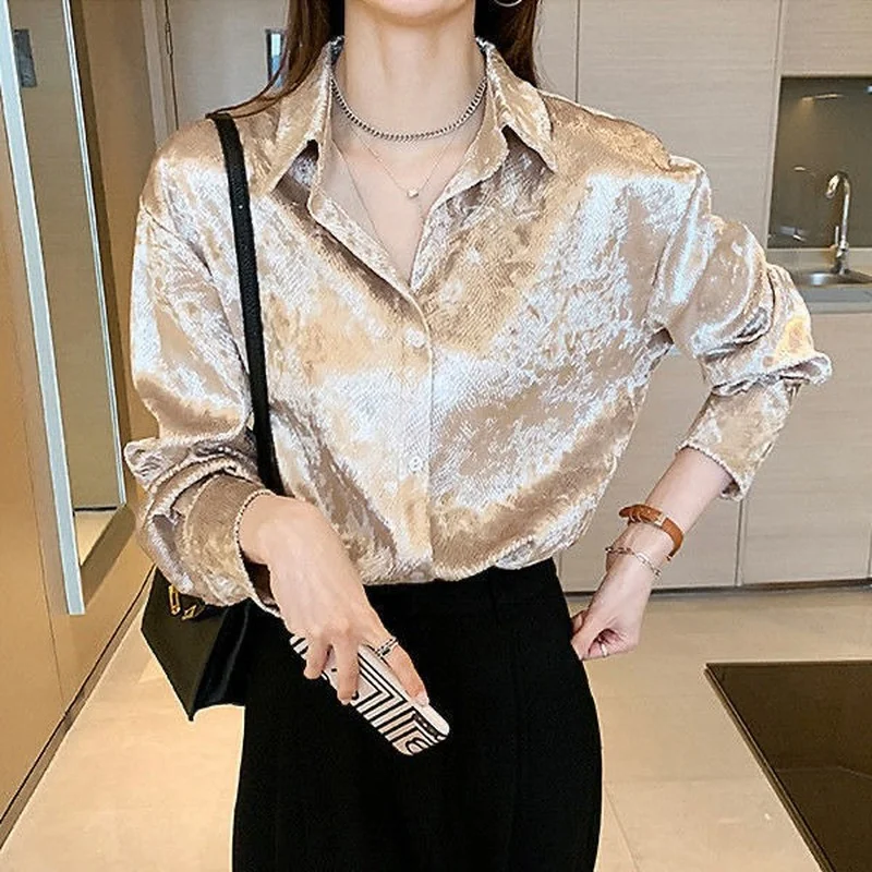 Women's Shiny Button Shirt Spr - Winter Clothing Korean のレビューと価格