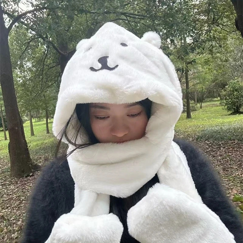 3 In 1 Plush Thick Hooded Hat  - Winter Clothing Cute のレビューと価格