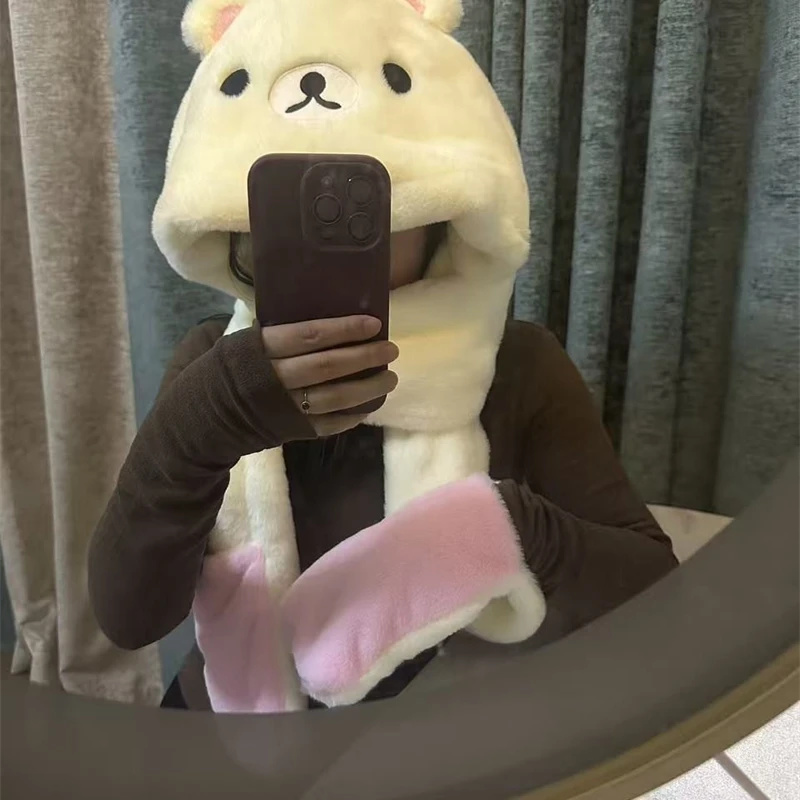 3 In 1 Plush Thick Hooded Hat  - Winter Clothing Cute のレビューと価格